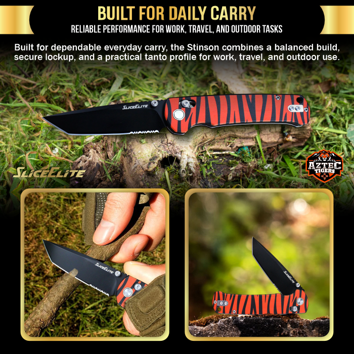 Folding knife with red and black zebra pattern handle, held in hand, on grass background