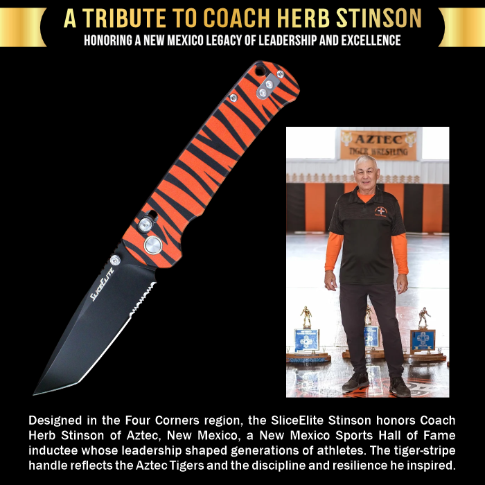 SliceElite folding knife with tiger stripe handle and photo of a man in a black shirt and orange sleeves standing in front of trophies.