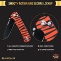 Folding knife with tiger stripe pattern on a black background, featuring text about its features.