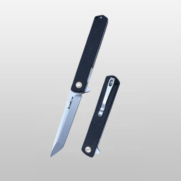 SliceElite kemo sabe edc Folding knife with black handle and blade open on a light gray background