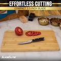 SliceElite professional Paring knife with slices of Tomatoes on Slice Elite wooden cutting board