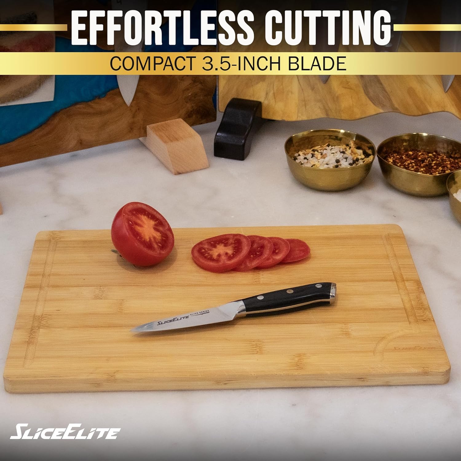 SliceElite professional Paring knife with slices of Tomatoes on Slice Elite wooden cutting board