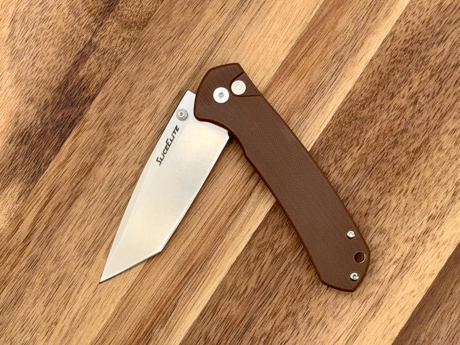 SliceElite_folding_knife_D2_steel_tanto_blade_brown_G10_handle