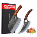 Two chef's knives with wooden handles next to a box labeled 'Sharpness Guaranteed' on a white background.
