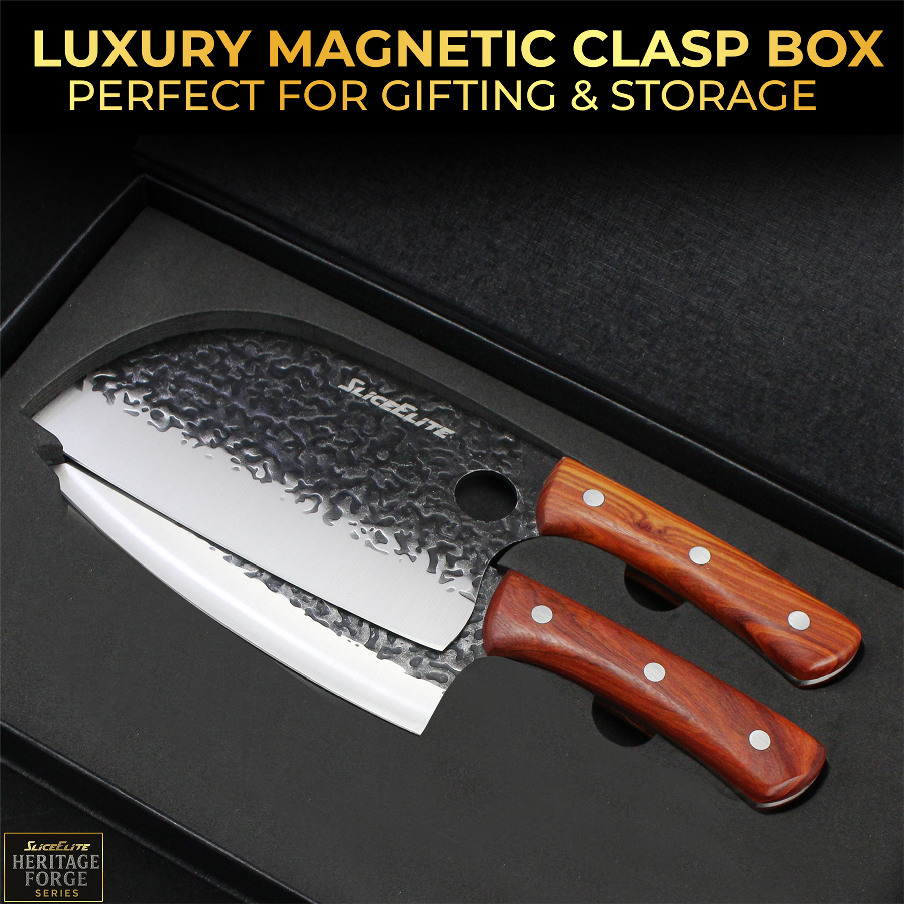 SliceElite two knives with wooden handles in a black luxury magnetic clasp box.