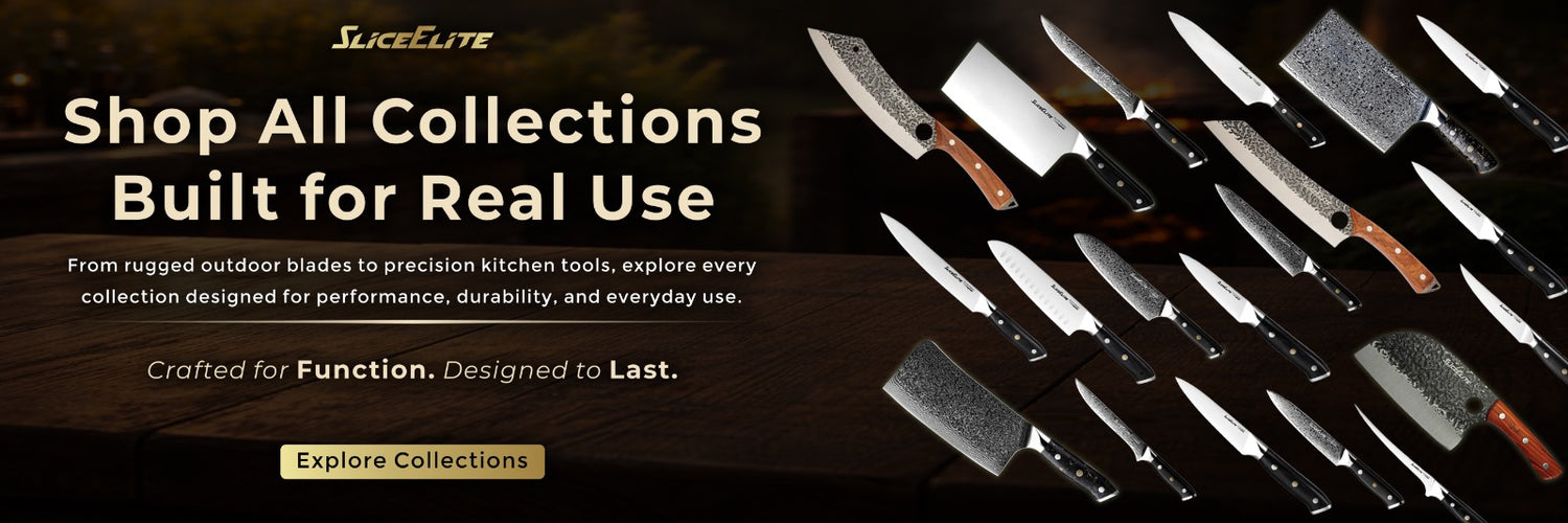 Collection of knives with promotional text about product collections on a dark background