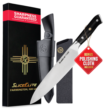 SliceElite 8-Inch Chef Knife German Steel Pakkawood Handle with Leather Sheath