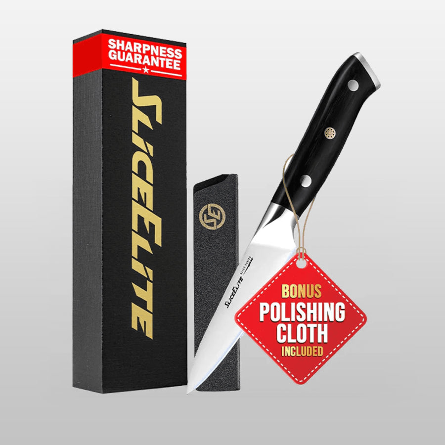 SliceElite knife set with packaging and polishing cloth on a light gray background