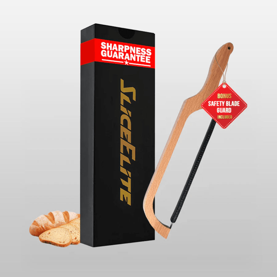 Slicelite bread knife with packaging and sliced bread on a gray background