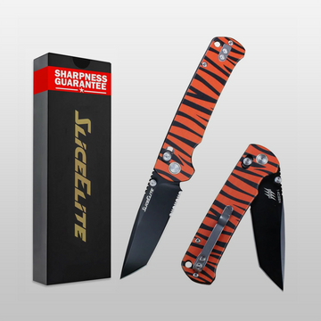 Stinson Folding knife with orange and black tiger stripe pattern next to its packaging on a gray background