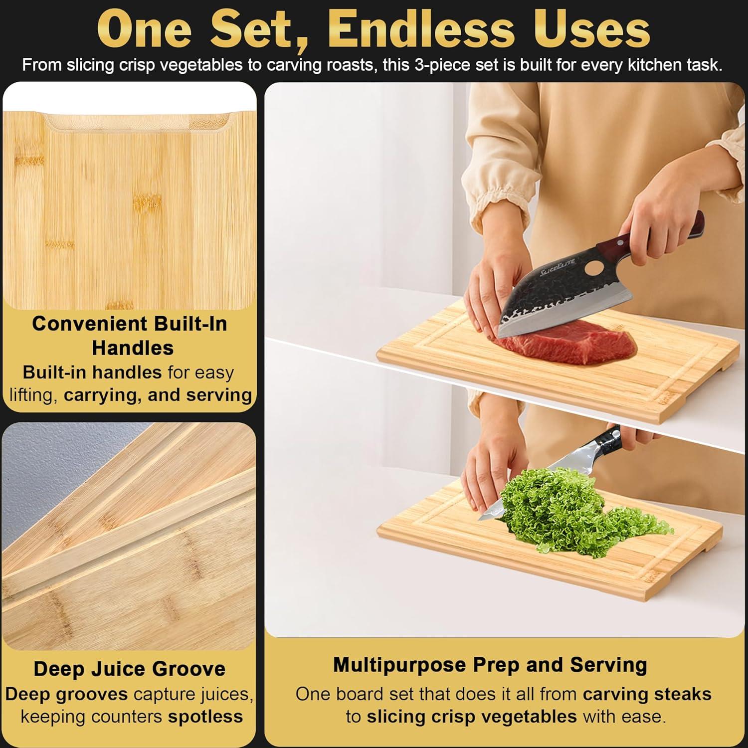 Three-piece SliceElite cutting board set with built-in handles, deep juice grooves, and text highlighting its multipurpose use.