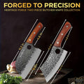 Two butchery knives with wooden handles and measurements on a dark background, labeled 'Forged to Precision'.