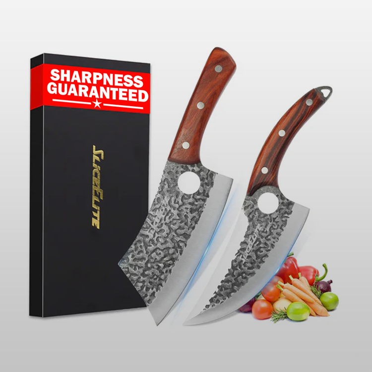Two chef's knives with wooden handles next to a 'Sharpness Guaranteed' packaging box on a white background.