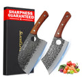 Two cleaver knives with wooden handles next to a box labeled 'Sharpness Guaranteed' and a display of vegetables.
