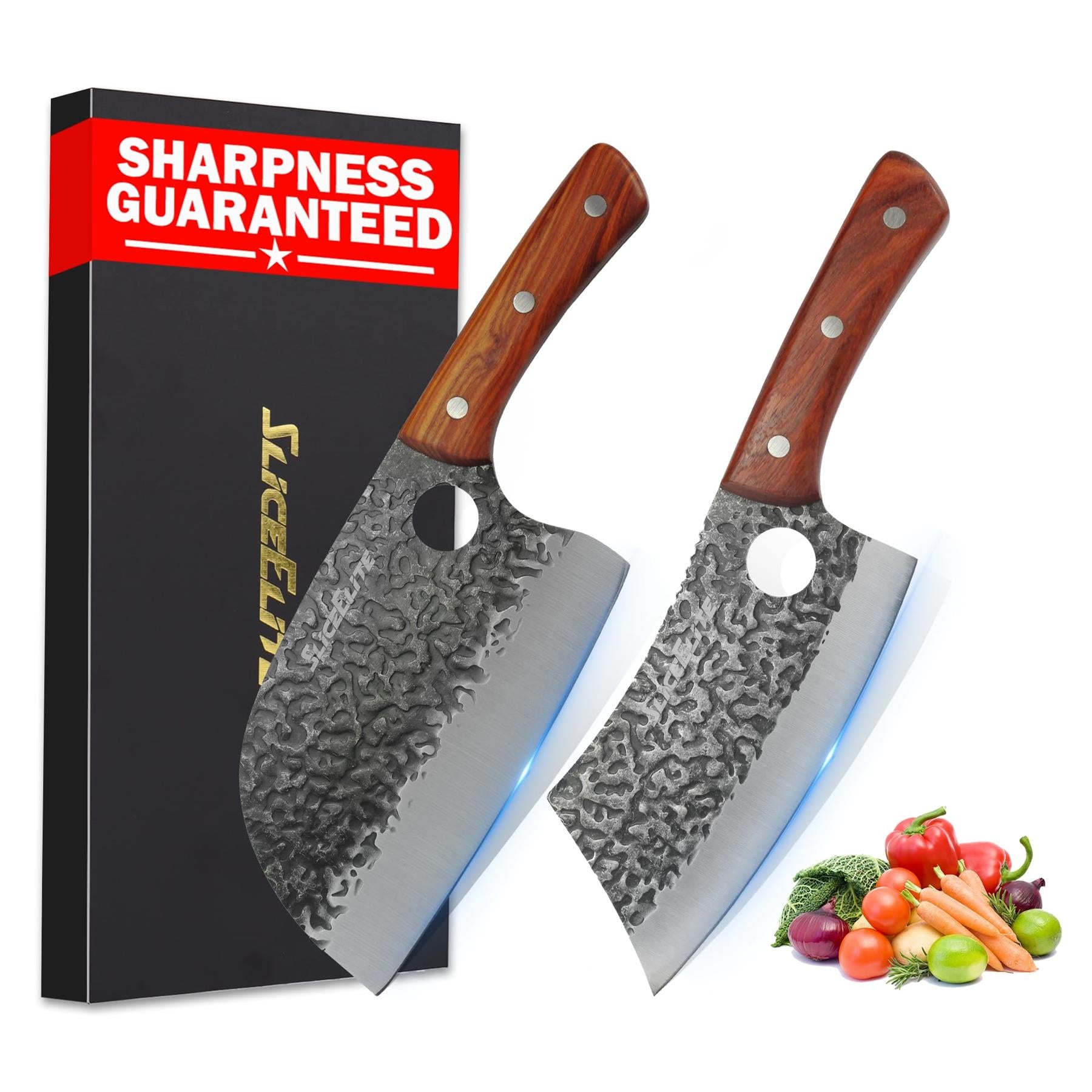 Two cleaver knives with wooden handles next to a box labeled 'Sharpness Guaranteed' and a display of vegetables.