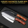 Two knives with wooden handles in a black box labeled 'Luxury Magnetic Clasp Box'.