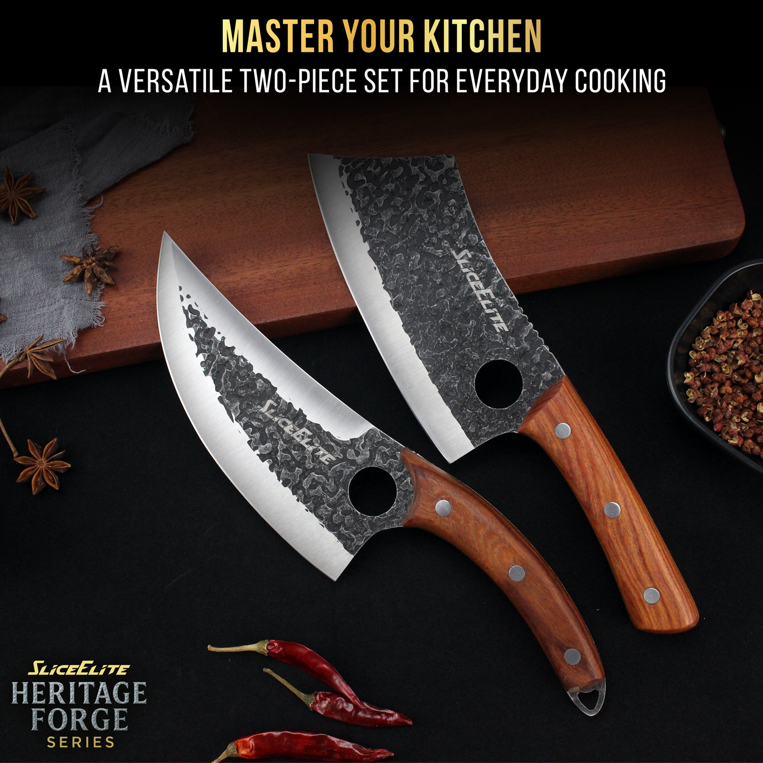 Two knives with wooden handles on a dark surface with text about a versatile knife set for cooking.