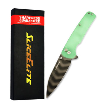 SliceElite Glowpoke Folding Pocket Knife Glow in the Dark G10 Handle 14C28N Blade Button Lock (Glowpoke-ST Tiger Stripe Titanium Coating)