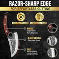 Promotional graphic of a hand-forged kitchen knife featuring a wood ergonomic handle, a hammered stainless-steel blade, and a razor-sharp edge. The image highlights features such as anti-rust material, high carbon steel, non-slip grip, long-lasting sharpness, and close-up views of the blade texture.