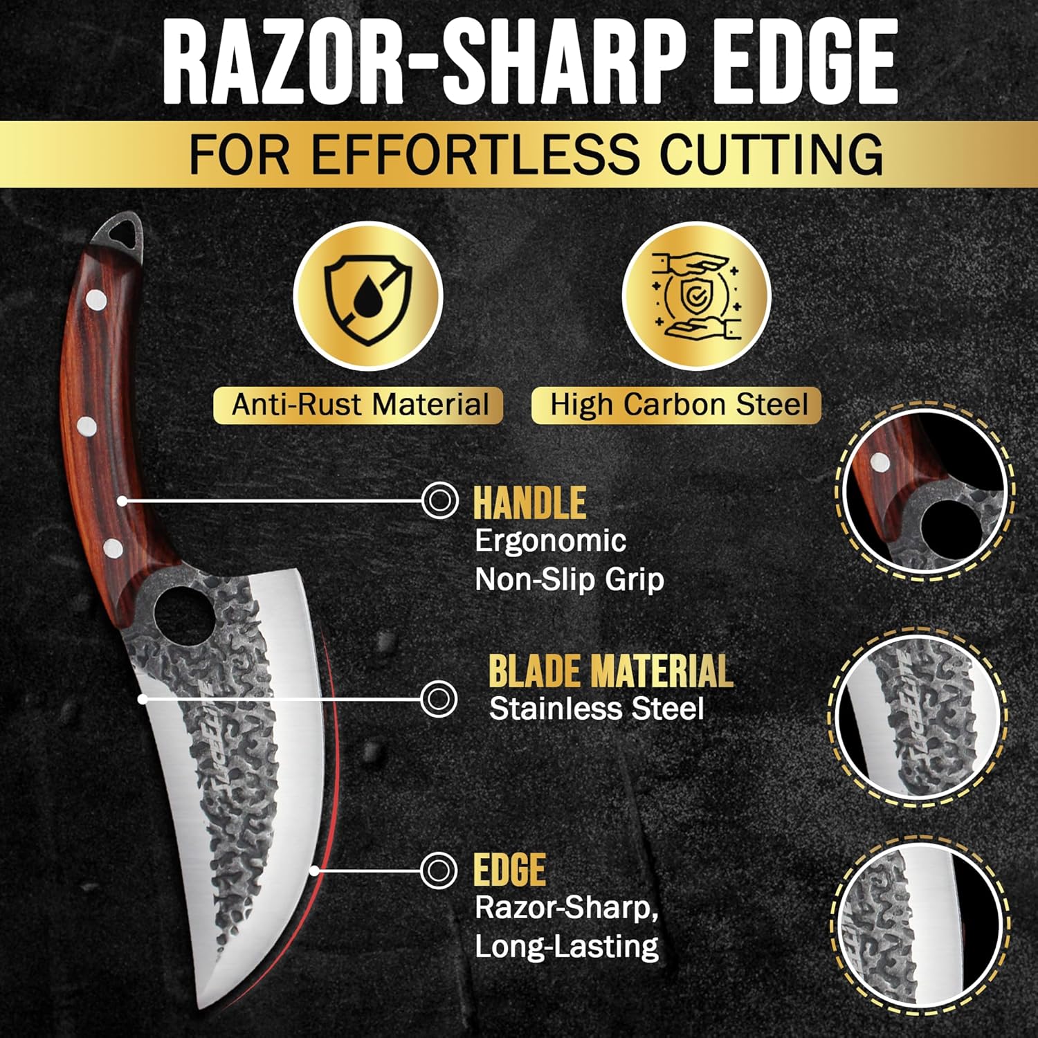 Promotional graphic of a hand-forged kitchen knife featuring a wood ergonomic handle, a hammered stainless-steel blade, and a razor-sharp edge. The image highlights features such as anti-rust material, high carbon steel, non-slip grip, long-lasting sharpness, and close-up views of the blade texture.