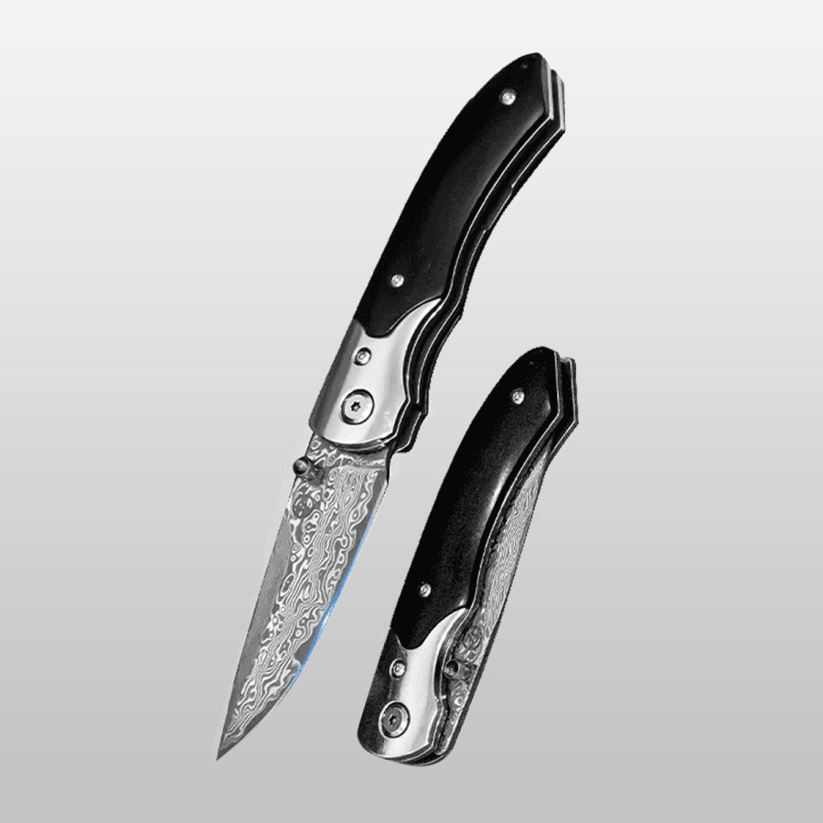 SliceElite Two folding knives with decorative blades on a light gray background