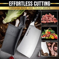 A high-quality bone-cutting knife with a protective sheath, shown alongside chopped meat, vegetables, and another knife, highlighting its versatility for both meat and vegetable cutting.