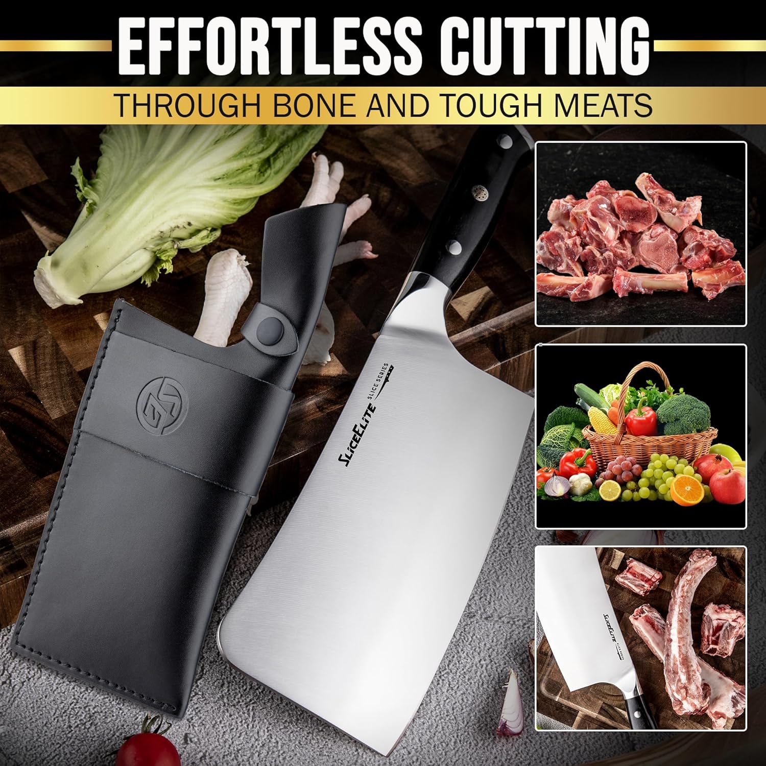 A high-quality bone-cutting knife with a protective sheath, shown alongside chopped meat, vegetables, and another knife, highlighting its versatility for both meat and vegetable cutting.