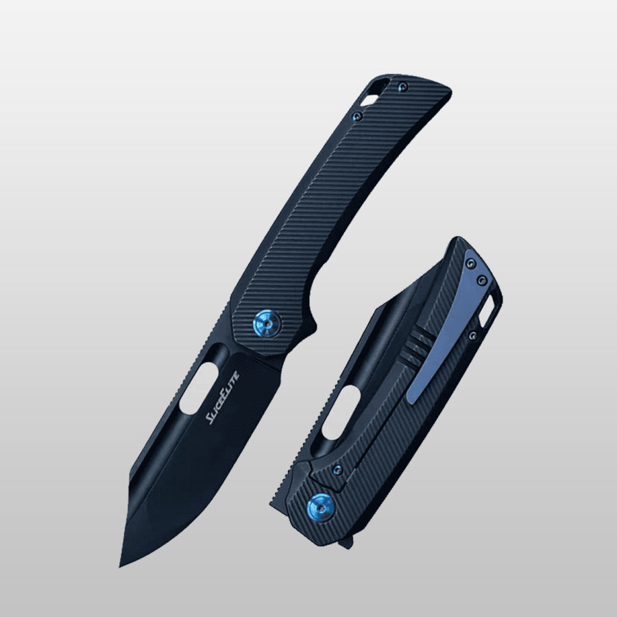 Black chingon edc folding knife with blue accents on a light gray background