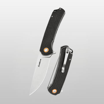 SliceElite Two dark ridge edc folding knives with black handles and orange accents on a light gray background
