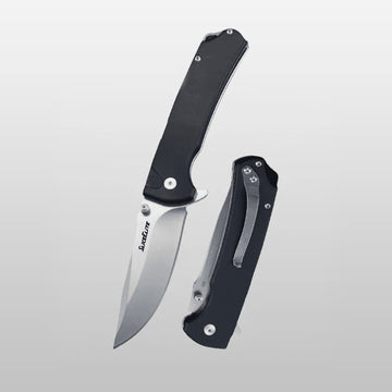 SliceElite Two Folding knife with black handle and silver blade on a light gray background