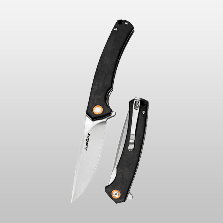 SliceElite Folding knife with black handle and orange accents on a gray background
