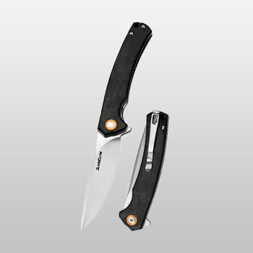SliceElite Folding knife with black handle and orange accents on a gray background