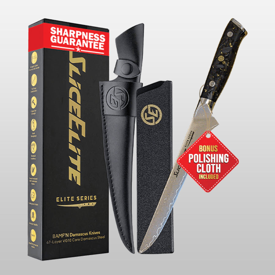 Slicelite knife set with packaging and polishing cloth on a gray background