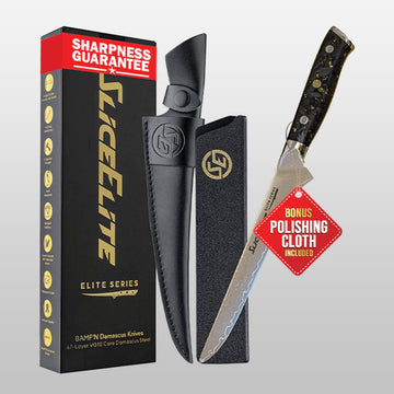 Slicelite knife set with packaging and polishing cloth on a gray background