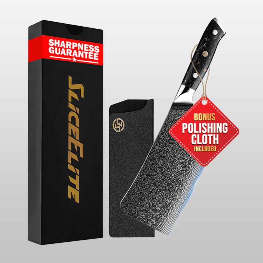 Knife set with 'Slice Elite' packaging and a polishing cloth on a gray background