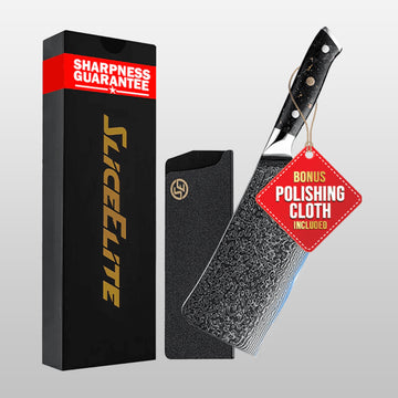 Knife set with 'Slice Elite' packaging and a polishing cloth on a gray background