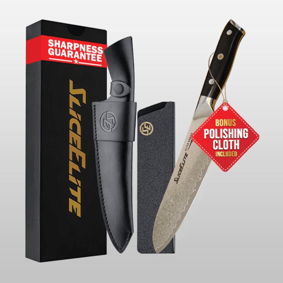 Slice Elite knife set with sheath, sharpness guarantee card, and polishing cloth on a gray background