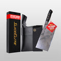 Knife set with black sheath, sharpness guarantee box, and polishing cloth on a light gray background