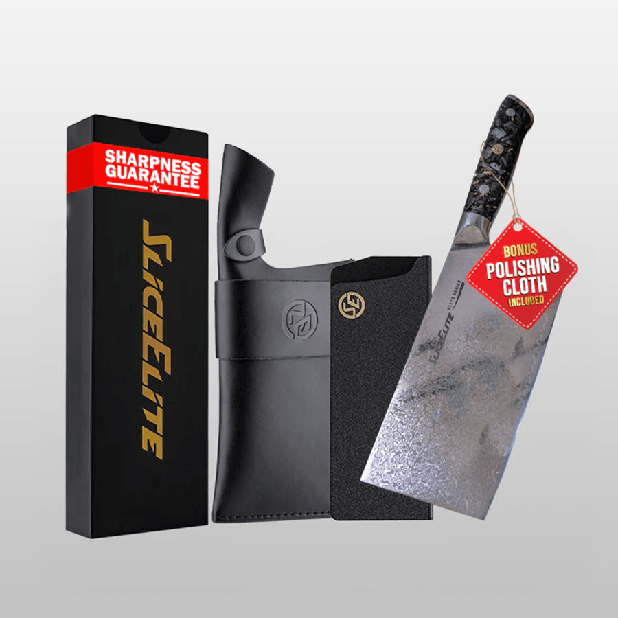 Knife set with black sheath, sharpness guarantee box, and polishing cloth on a light gray background