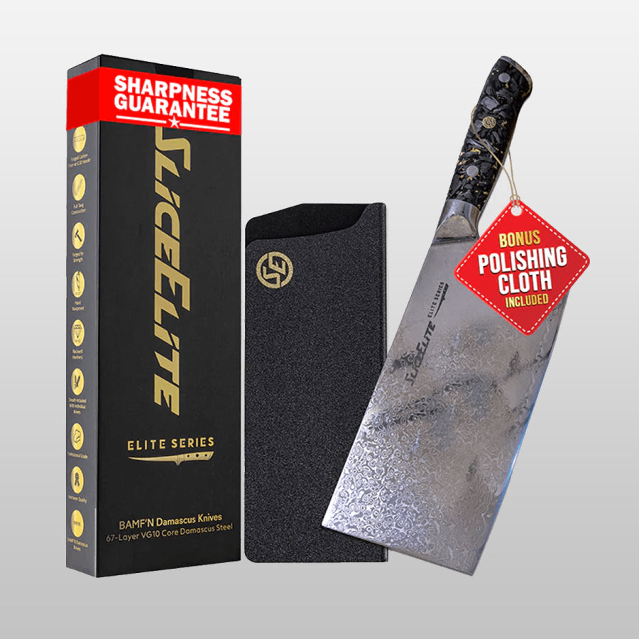Sleek knife with polishing cloth and packaging on a light gray background