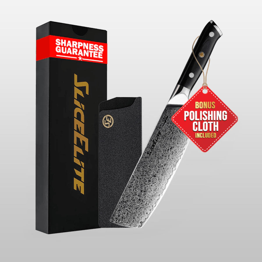 Knife with 'Slice Elite' packaging and a polishing cloth included tag on a gray background