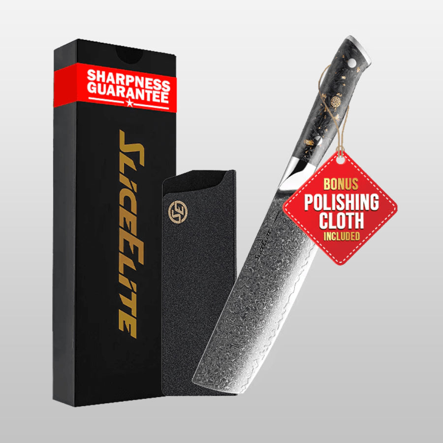 Knife with 'Slice Elite' packaging and a polishing cloth on a gray background
