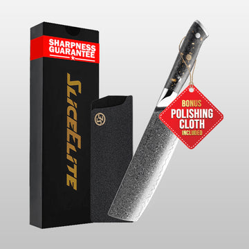 Knife with 'Slice Elite' packaging and a polishing cloth on a gray background