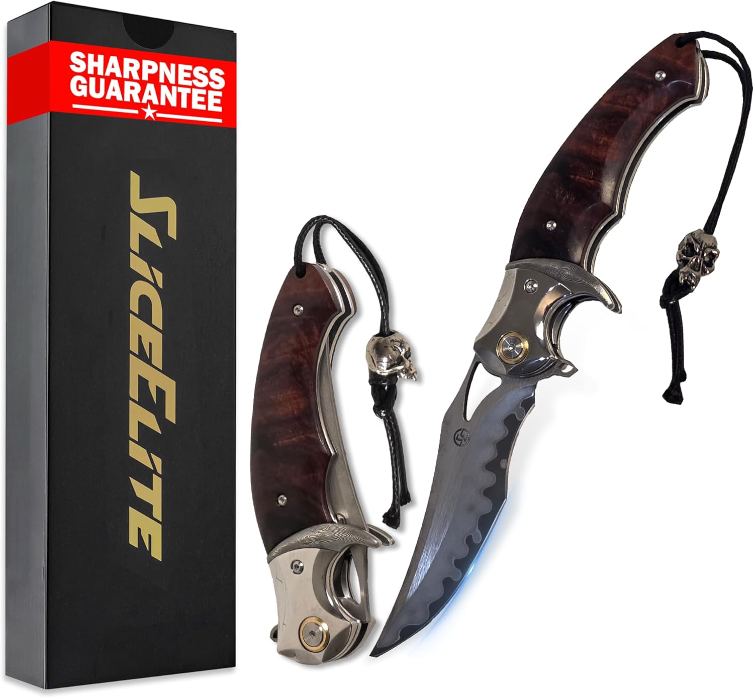 Folding knife with wooden handle and metal blade next to a 'Slice Elite' branded box.