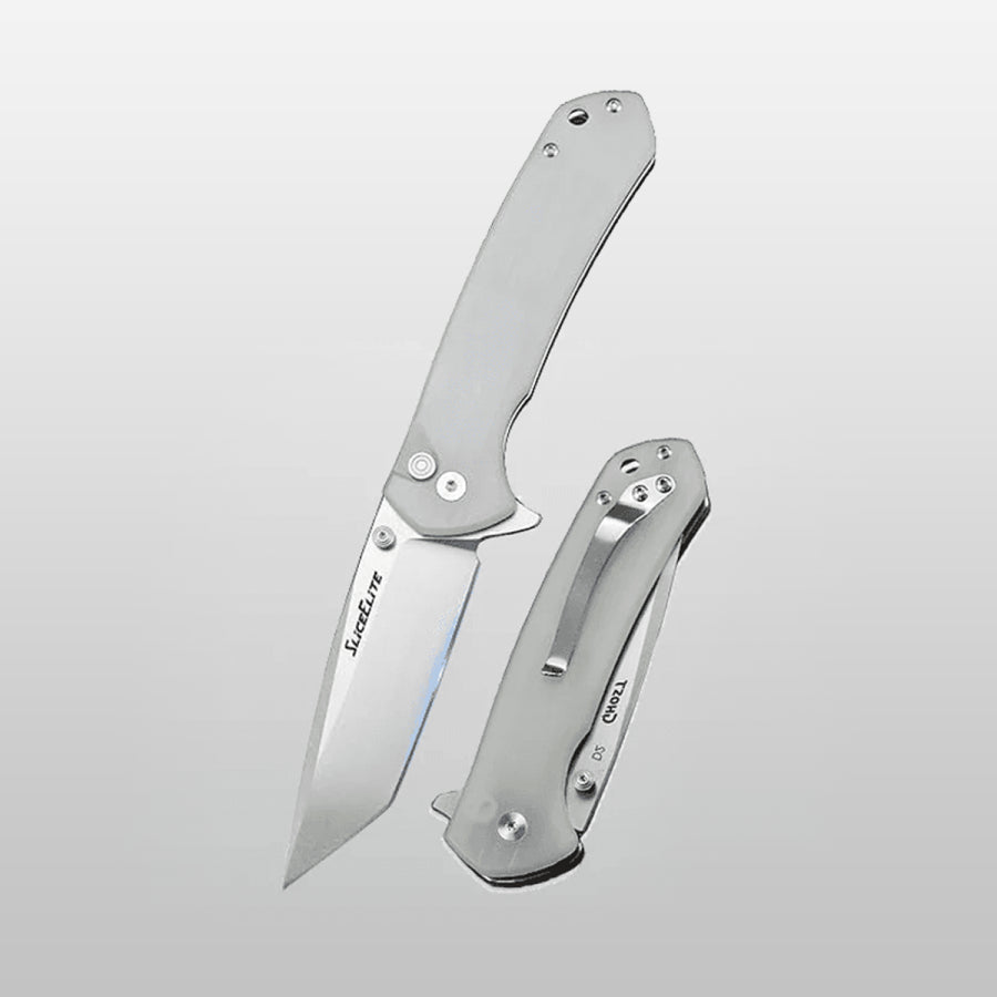 Folding knife with a metallic blade and handle on a light gray background