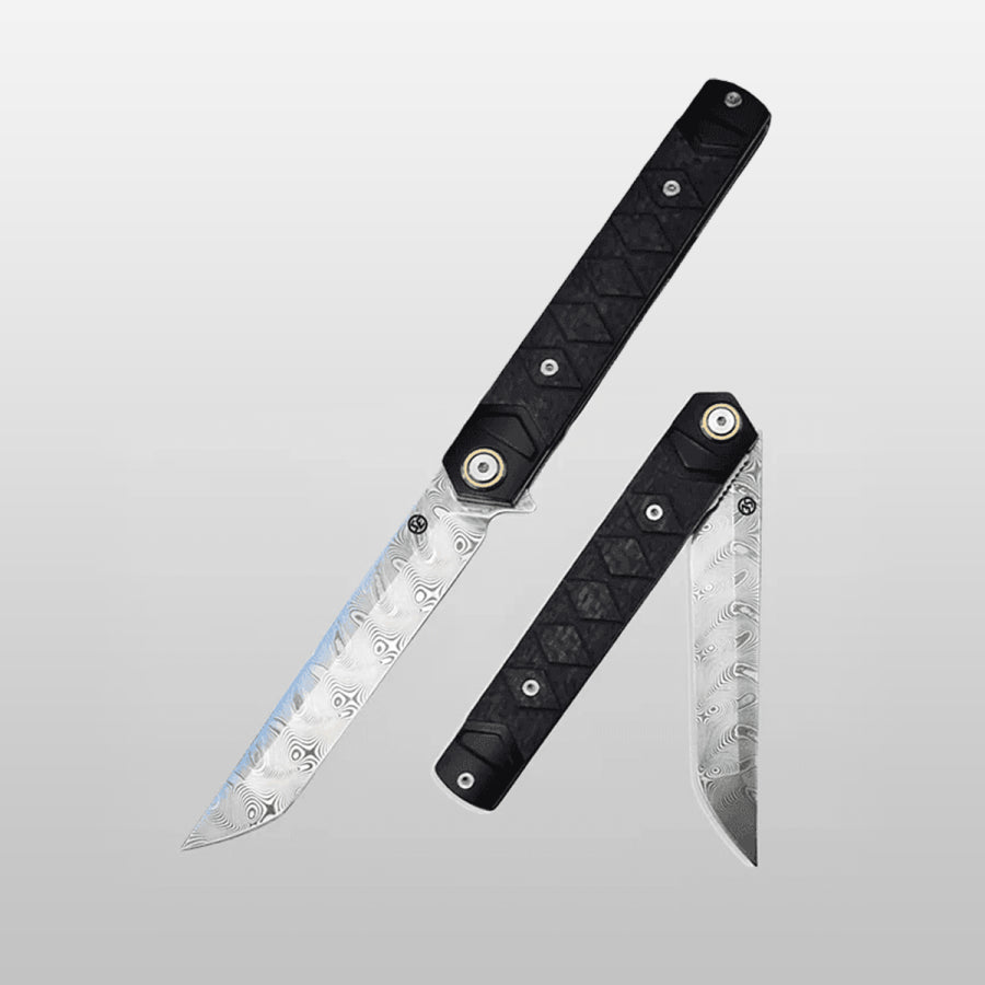 SliceElite Two folding knives with black handles and transparent blades on a light gray background
