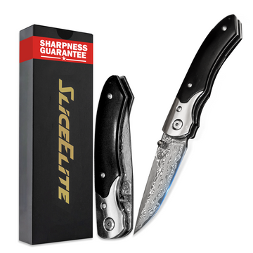 SliceElite Black Sangre Folding Knife 67 Layer Damascus VG10 Blade Ebony Wood Handle