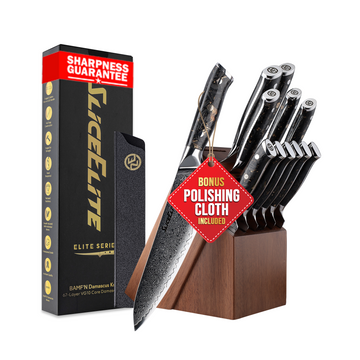 SliceElite 12-Piece VG10 Damascus Knife Set with Gold Carbon Fiber Handles