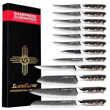 SliceElite 12-Piece VG10 Damascus Knife Set with Gold Carbon Fiber Handles