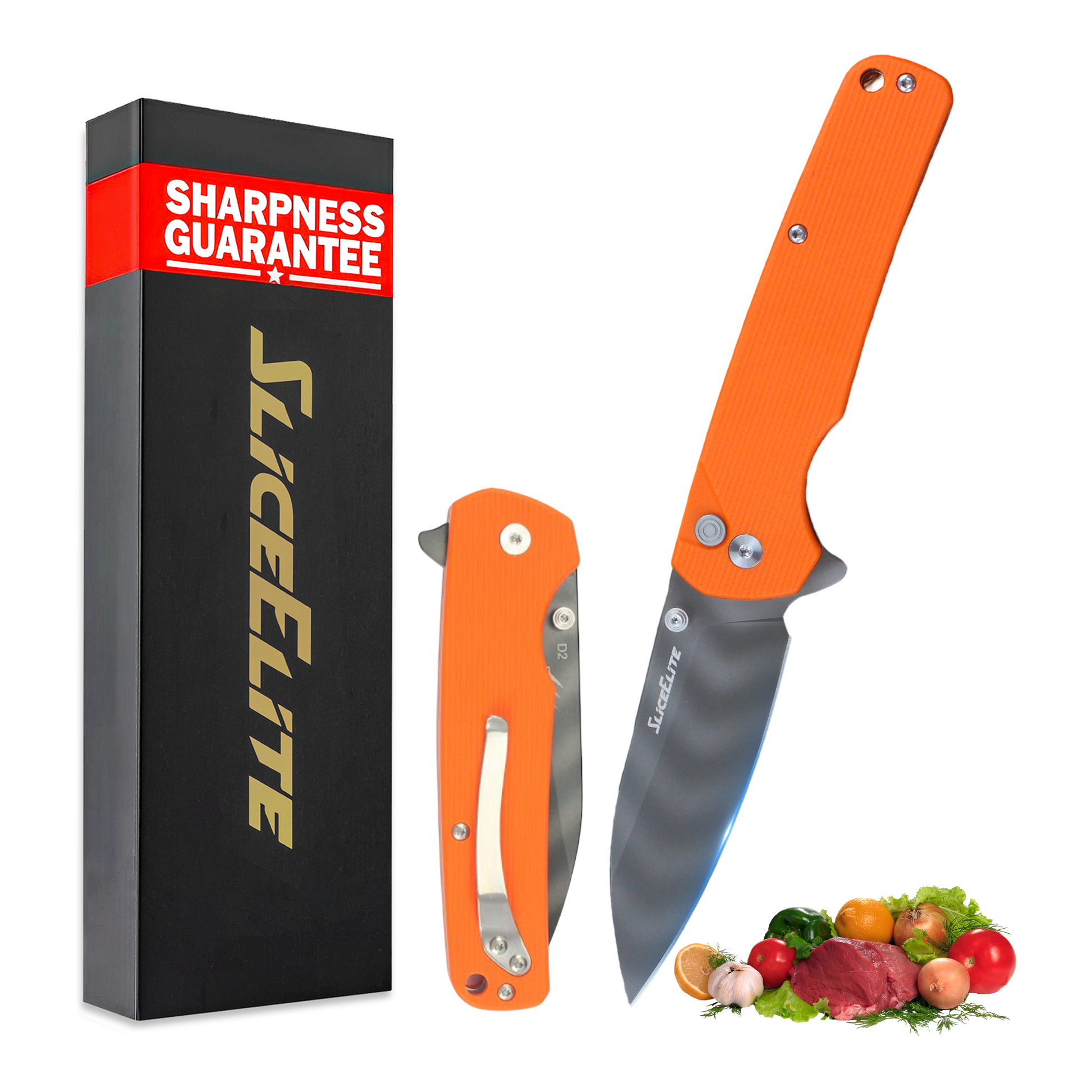 SliceElite Tiger Claw Pocket Knife D2 Steel 3.5 Inch Orange G10 Handle